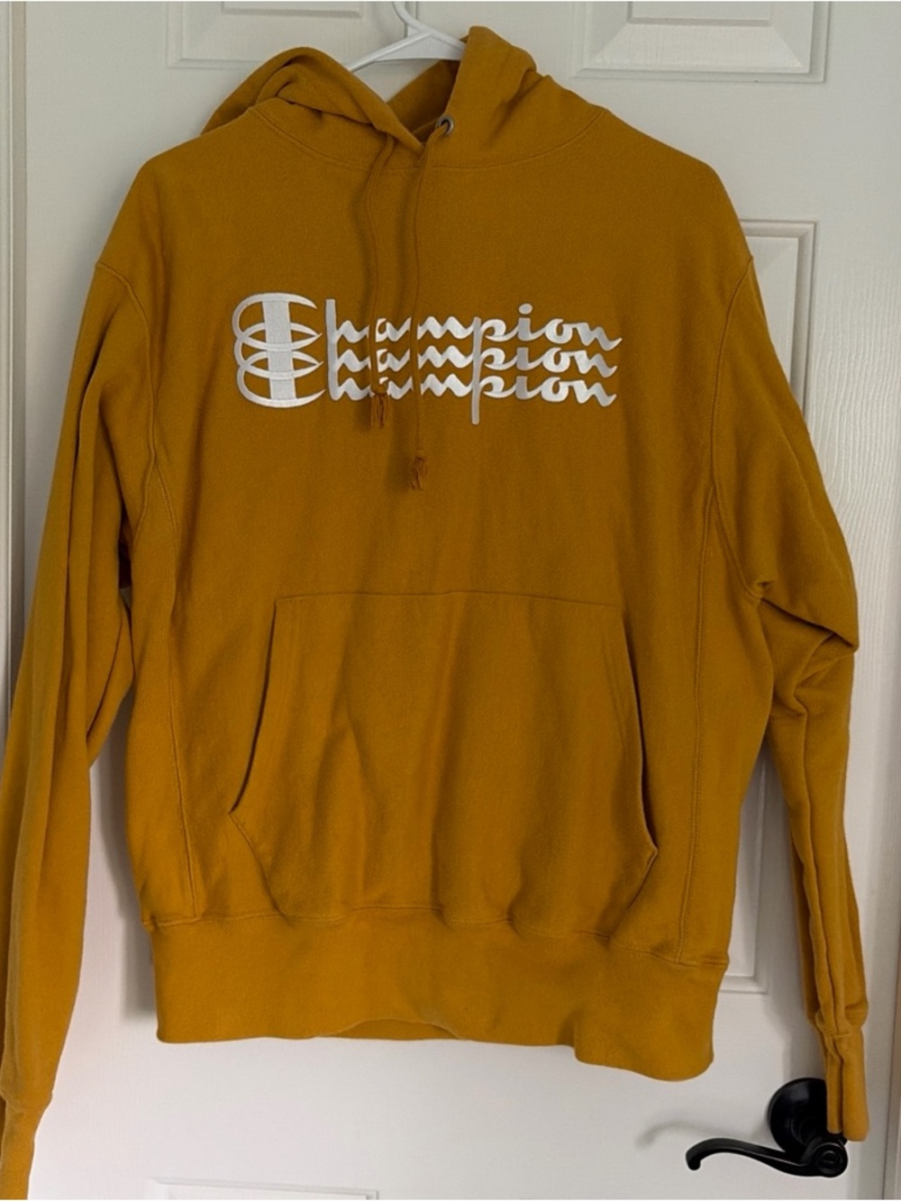 Champion Mustard Yellow Stacked Logo Hoodie
